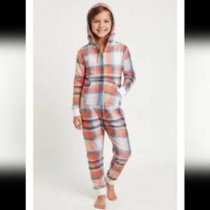 NWT Cat & Jack girls' pink plaid hooded  one-piece pajamas Size Large